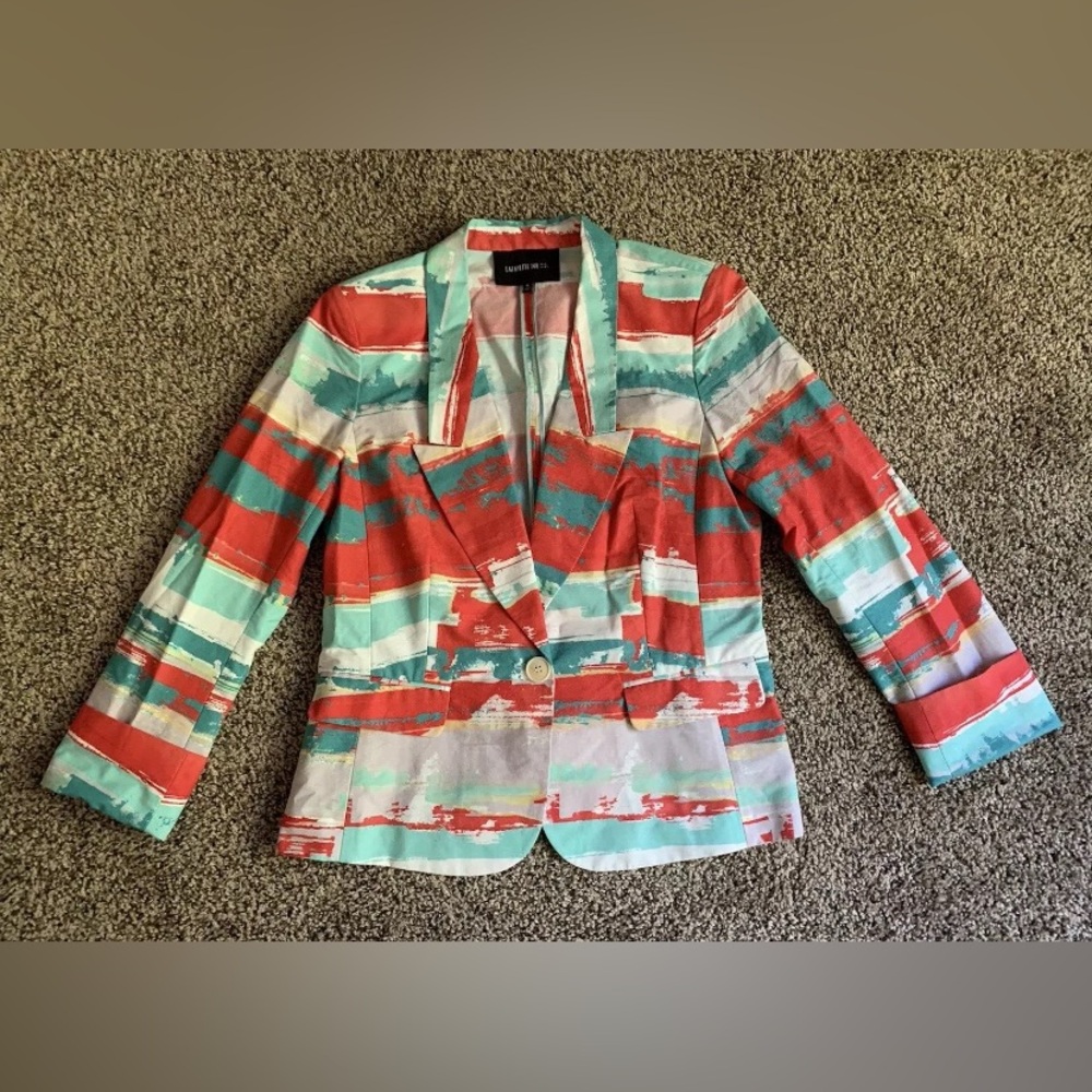 Lafayette 148 Sz 10 Cotton Blazer Jacket Red Turquoise One Button Shoulder Pads
